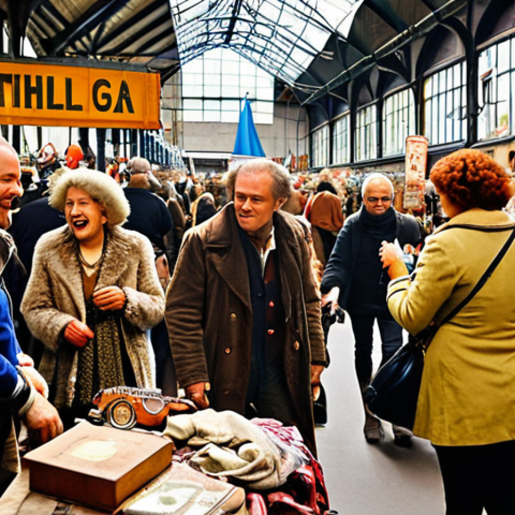 **"A bustling scene at the IJ-Hallen flea market in Amsterdam, overflowing with vintage clothes, furniture, and quirky finds. Focus on the vibrant atmosphere and diverse crowd of treasure hunters, creating a sense of excitement and discovery. Capture the essence of 'винтаж' (vintage) with a Dutch twist. Include the euro currency."**