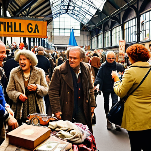 **"A bustling scene at the IJ-Hallen flea market in Amsterdam, overflowing with vintage clothes, furniture, and quirky finds. Focus on the vibrant atmosphere and diverse crowd of treasure hunters, creating a sense of excitement and discovery. Capture the essence of 'винтаж' (vintage) with a Dutch twist. Include the euro currency."**