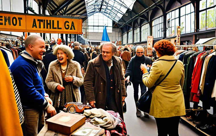 **"A bustling scene at the IJ-Hallen flea market in Amsterdam, overflowing with vintage clothes, furniture, and quirky finds. Focus on the vibrant atmosphere and diverse crowd of treasure hunters, creating a sense of excitement and discovery. Capture the essence of 'винтаж' (vintage) with a Dutch twist. Include the euro currency."**