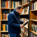 A professional man, fully clothed in a modest, smart casual outfit, stands thoughtfully browsing a curated selection of books on a tall wooden bookshelf in a cozy independent bookstore in the Netherlands. The interior is filled with warm, inviting ambient light, highlighting comfortable reading nooks and the subtle aroma of old paper and freshly brewed coffee. The atmosphere is peaceful and serene, emphasizing the quiet joy of discovery. Professional photography, high quality, perfect anatomy, correct proportions, natural pose, well-formed hands, proper finger count, natural body proportions, safe for work, appropriate content, fully clothed, professional, family-friendly.