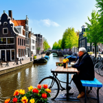 A person, fully clothed in modest, comfortable attire, is seated at an outdoor table of a charming canal-side cafe in a picturesque Dutch city. The scene captures the essence of "gezellig," with historic brick buildings lining the canal, a few traditional boats docked, and locals passing by on bicycles in the background. A cup of coffee rests on the table, and a small, vibrant flower stall adds a touch of color. The atmosphere is peaceful, inviting, and authentic, emphasizing quiet enjoyment. Perfect anatomy, correct proportions, natural pose, well-formed hands, proper finger count, natural body proportions. Safe for work, appropriate content, fully clothed, family-friendly, professional photography, high quality.