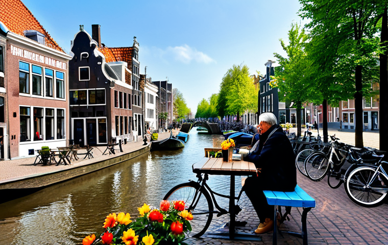 A person, fully clothed in modest, comfortable attire, is seated at an outdoor table of a charming canal-side cafe in a picturesque Dutch city. The scene captures the essence of "gezellig," with historic brick buildings lining the canal, a few traditional boats docked, and locals passing by on bicycles in the background. A cup of coffee rests on the table, and a small, vibrant flower stall adds a touch of color. The atmosphere is peaceful, inviting, and authentic, emphasizing quiet enjoyment. Perfect anatomy, correct proportions, natural pose, well-formed hands, proper finger count, natural body proportions. Safe for work, appropriate content, fully clothed, family-friendly, professional photography, high quality.